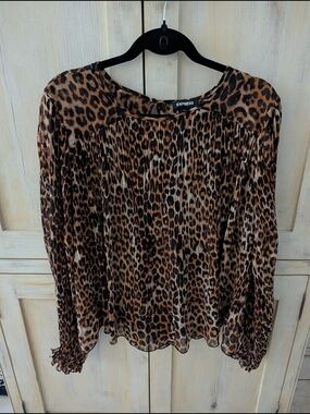 Express Leopard Print Long Sleeve Blouse in Brown